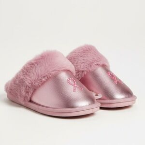Pink Fuzzy Slippers‎ with Pink Rhinestone Breast Cancer Awareness Ribbon Detail